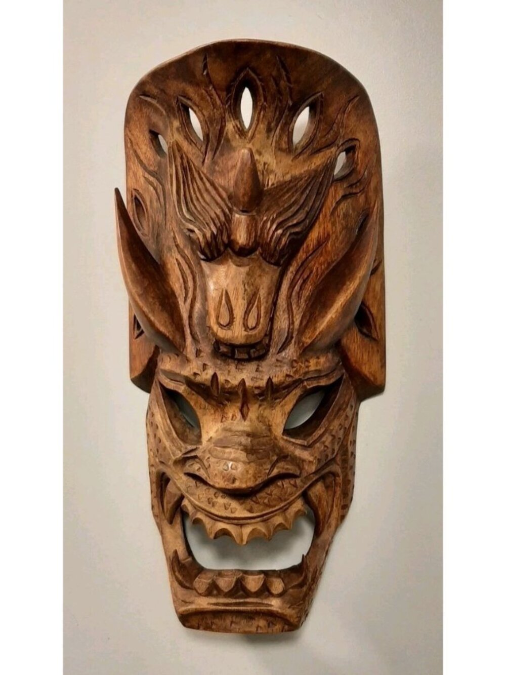 Vintage Wooden Tribal Hand Carved Dragon Wall Mask Hanging 18 1/4 In Tall